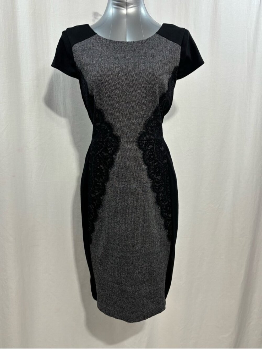 Cleo Black and Gray Lace-Panel Sheath Midi Dress classic lace, formal chic 416